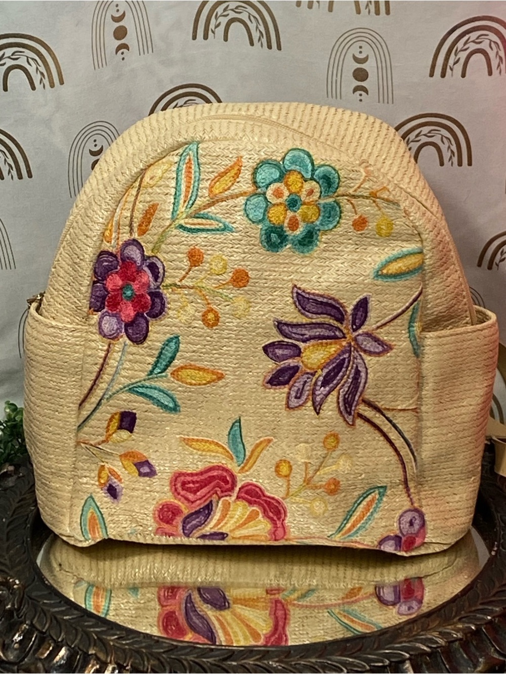 Beige Embroidered Floral Backpack - Multicolor Flowers